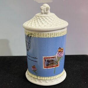 Hallmark Small Pleasures ceramic canister jar, w/a butterfly and postcard design